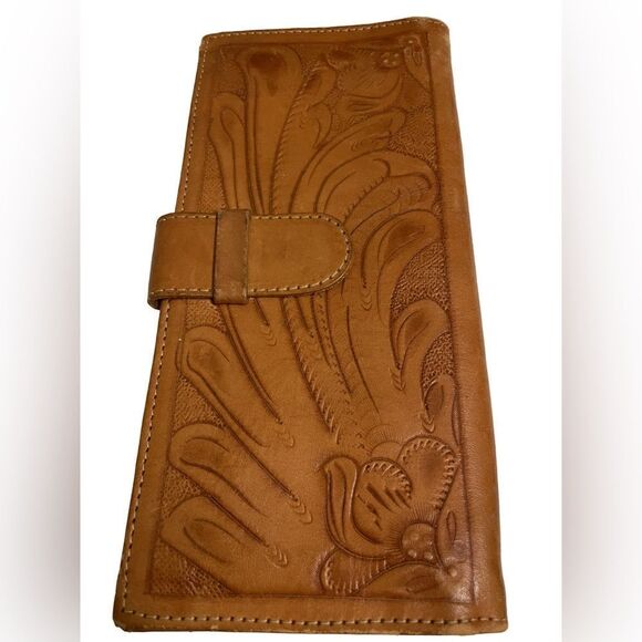 Tan/Orange Floral Faux Leather Large Wallet with Numerous Pockets - Picture 7 of 13